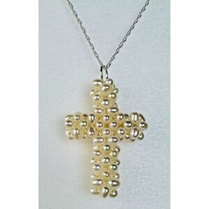 925 Sterling Genuine Pearl Cross Pendant on Tested Chain w/ Gift Box Vintage